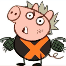 a drawing of a pig wearing a black and orange shirt with an x on it .