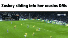 a screen shot of a soccer game with the words xushey sliding into her cousins dm on top