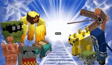 a group of minecraft characters are standing on a staircase in the sky