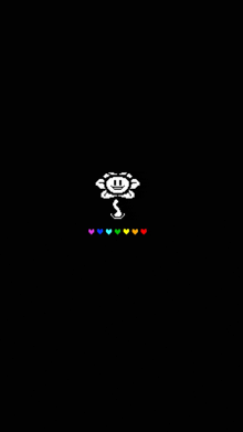 a black background with a white flower and rainbow hearts .