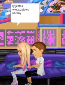 a boy and a girl sitting on a couch with a speech bubble that says ty jestes