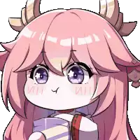 a pixel art drawing of a girl with pink hair and horns holding a cup of coffee .