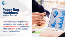 a paper bag machines market report with two people looking at a laptop