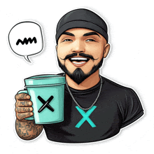 a cartoon drawing of a man holding a cup with a x on it