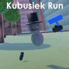 a cartoon of a snowman with a top hat and the words kubusiek run below it