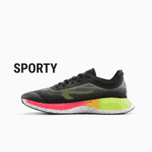 a pair of sporty running shoes with a rainbow colored sole