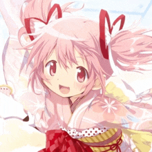 a girl with pink hair is wearing a kimono and has the letter m on her head