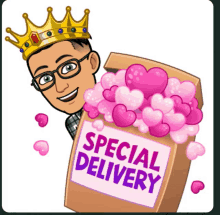 a cartoon man wearing a crown is holding a special delivery bag filled with pink hearts