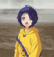 a girl with blue hair is wearing a yellow hoodie and a blue bag .