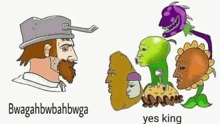 a cartoon of a man with a beard and plants vs zombies plants with faces on them .