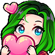 a cartoon girl with green hair is holding a pink heart .