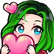 a cartoon girl with green hair is holding a pink heart .