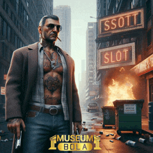 a man with a tattoo on his chest is standing in front of a sign that says slot