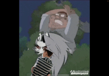 a man in a striped shirt is hugging a wolf .