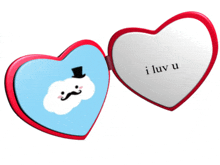 a heart shaped mirror says i luv u on the inside