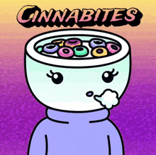 a cartoon drawing of a person with a bowl of donuts in their head that says ' cinnabites ' on it