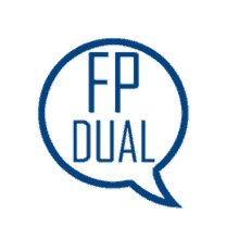 a blue speech bubble with the words " fp dual " inside of it