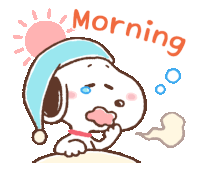 a cartoon drawing of snoopy wearing a sleep cap and the words morning