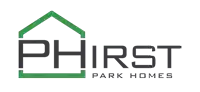 a logo for phirst park homes with a green house on it