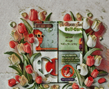 a book titled self care is surrounded by tulips