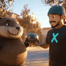 a man with an x on his shirt is holding a toy car next to a beaver