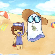 a drawing of a girl holding a ghost on the beach