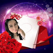 a picture of a woman with red roses and a paper with a heart