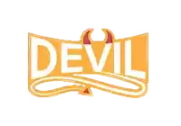 a yellow devil logo with red horns