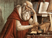 a man with a beard is writing on a piece of paper in a painting