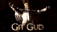 a statue of a man is standing in front of a sign that says git gud the world