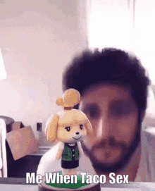 a man with a beard is standing in front of a stuffed animal that says me when taco sex .