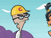 a cartoon character wearing a yellow hard hat with a red c on it