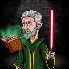 a cartoon of a man holding a book that says ancient bizarre wizardry on it