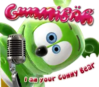 a gummy bear singing into a microphone with the words " i am your gummy bear " below it