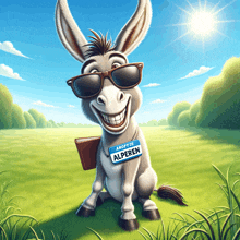 a cartoon donkey wearing sunglasses and a name tag that says aroff 28 alperen