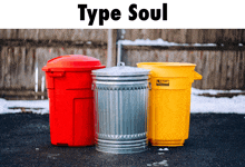 three trash cans are lined up in front of a fence and the words type soul are above them