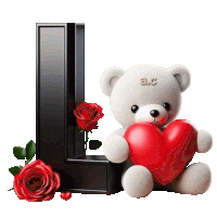 a teddy bear is holding a red heart in front of a letter l