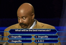 a bald man with a mustache is being asked what will be the best memecoin