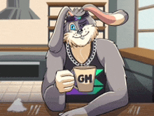 a cartoon rabbit is sitting at a table holding a cup that says gm on it