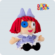 a stuffed doll with red hair and a blue button on her eye is sitting in front of a delta grove logo