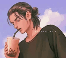 eren jaeger from attack on titan is drinking a bubble tea with a straw .