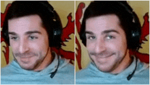 two pictures of a man wearing headphones and smiling