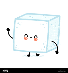 a cute cartoon ice cube with arms and legs and a face .