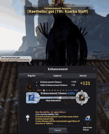 a screenshot of a game that says enhancement success [ raethello ] got [ tr : kzarka staff ]