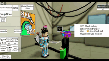 a screenshot of a video game with a sign that says " see something say something "