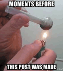 a person is lighting a pipe with a lighter and making a meme .