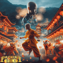 a poster for museum bola shows a boy in a yellow robe