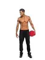 a shirtless man holding a red ball in his hand