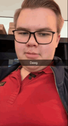 a man wearing glasses and a red shirt with the word dawg on his face