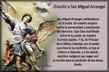 a poster with a picture of a man with wings and the words oración a san miguel arcangel